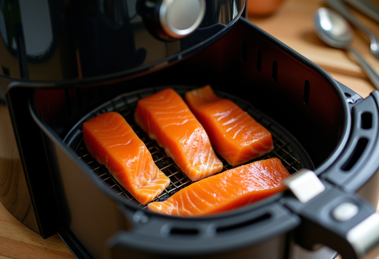 Air fryer loaded with marinated salmon steaks, demonstrating a quick and healthy cooking method for perfect salmon dishes.