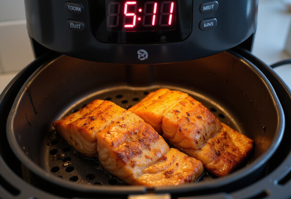 Cooking salmon steaks in an air fryer, ensuring a deliciously crispy exterior while maintaining tenderness and flavor.