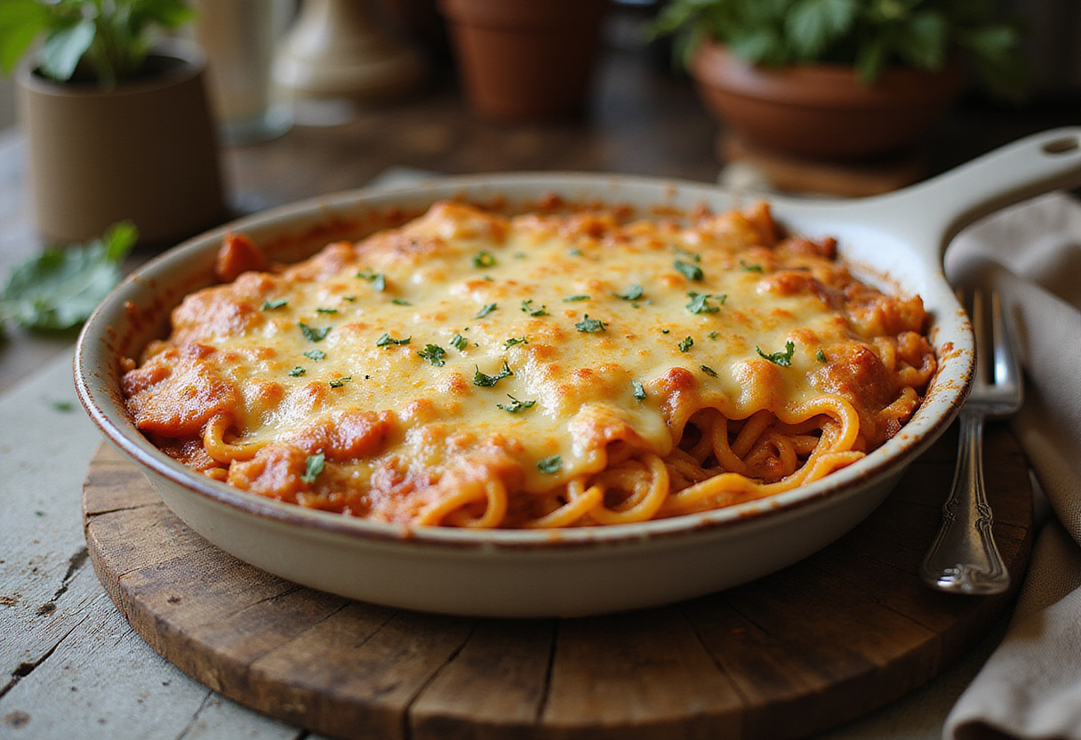 Delicious baked cream cheese spaghetti casserole, presenting a mouthwatering dish perfect for family dinners.