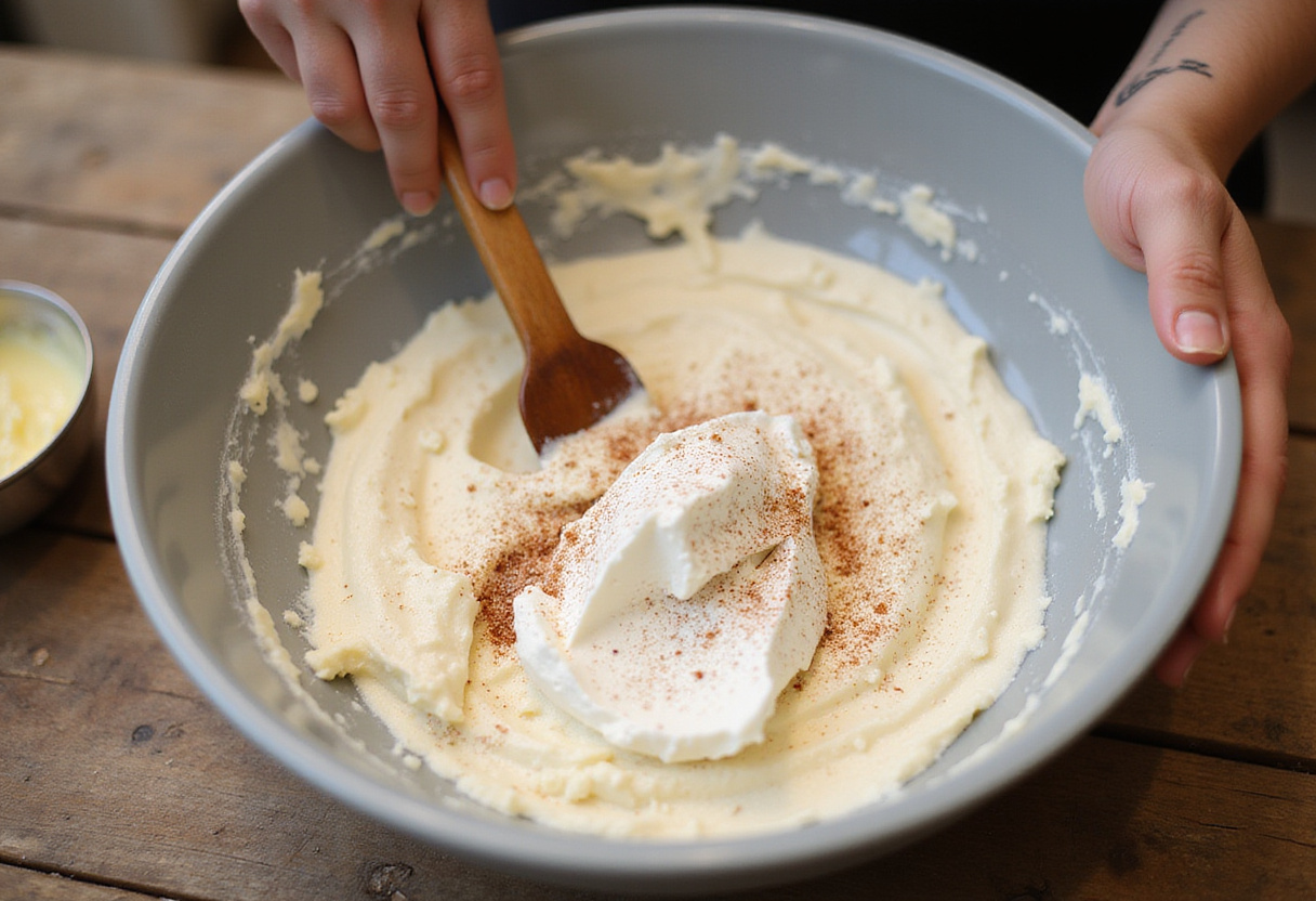 Baked Cream Cheese Spaghetti Casserole preparation with cream cheese and sour cream mixing for a creamy texture.