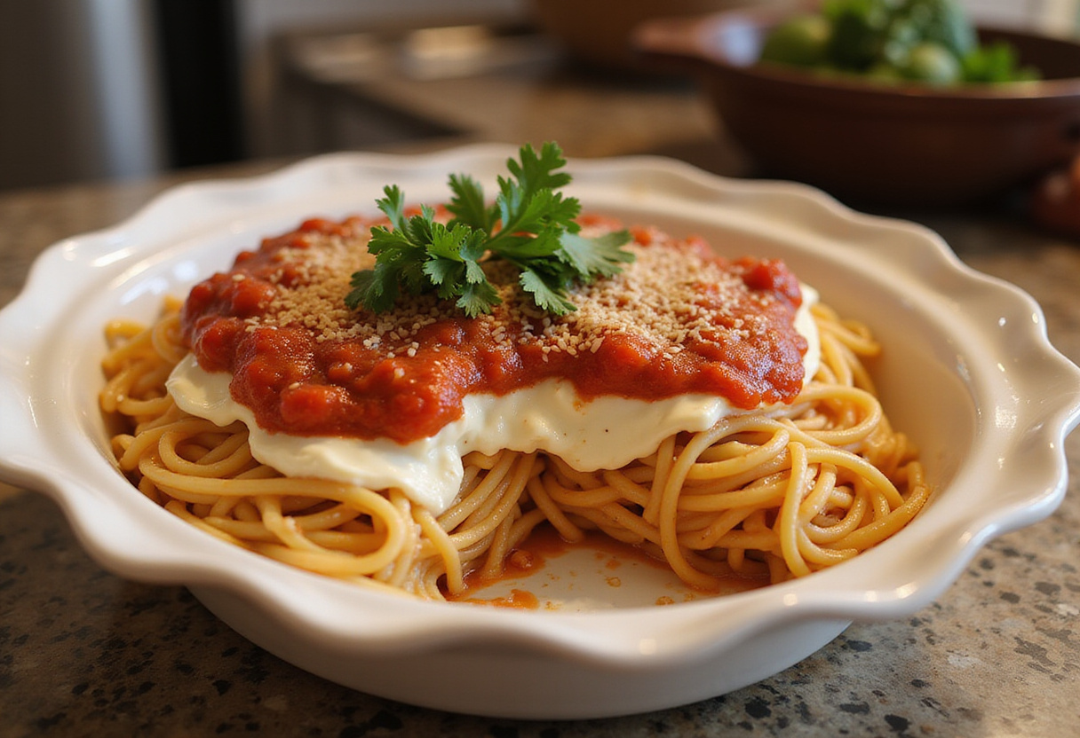 Layering ingredients for Baked Cream Cheese Spaghetti Casserole, demonstrating the assembly of pasta, cream cheese, and sauce.