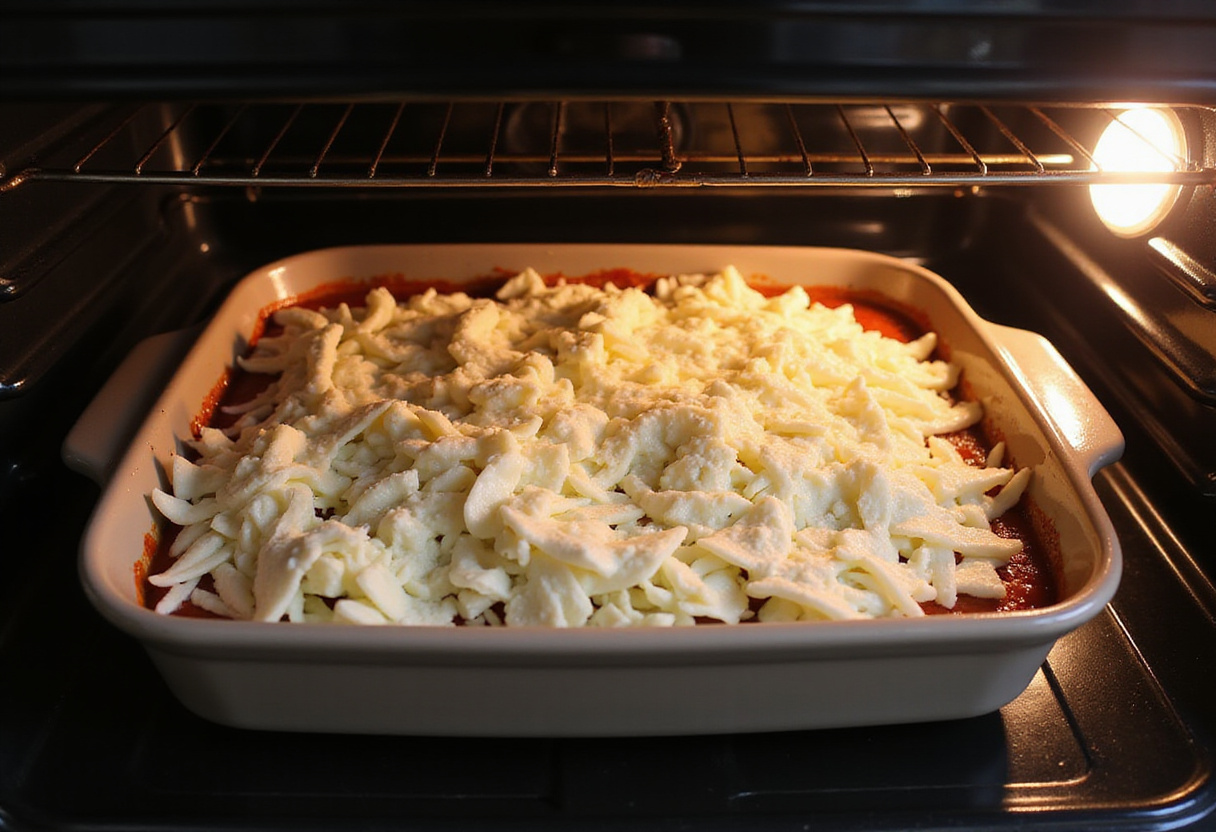 Prepping Baked Cream Cheese Spaghetti Casserole for baking, highlighting the cheesy topping before cooking.