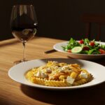 Elegant presentation of baked feta pasta ready for dinner, complemented by a glass of wine and a fresh salad, perfect for any occasion.