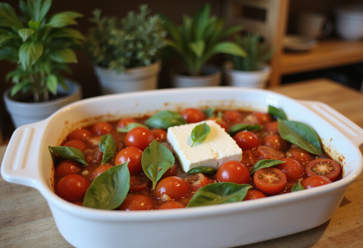Fresh ingredients for baked feta pasta, with cherry tomatoes, basil, and feta cheese in a baking dish, ideal for savory pasta dishes.
