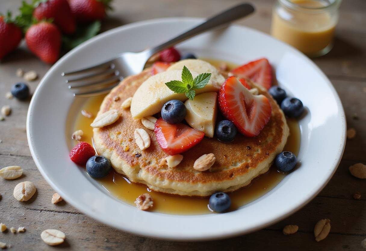 Delicious Baked Protein Pancake Bowls served with fresh fruits and maple syrup, ideal for a nutritious breakfast.