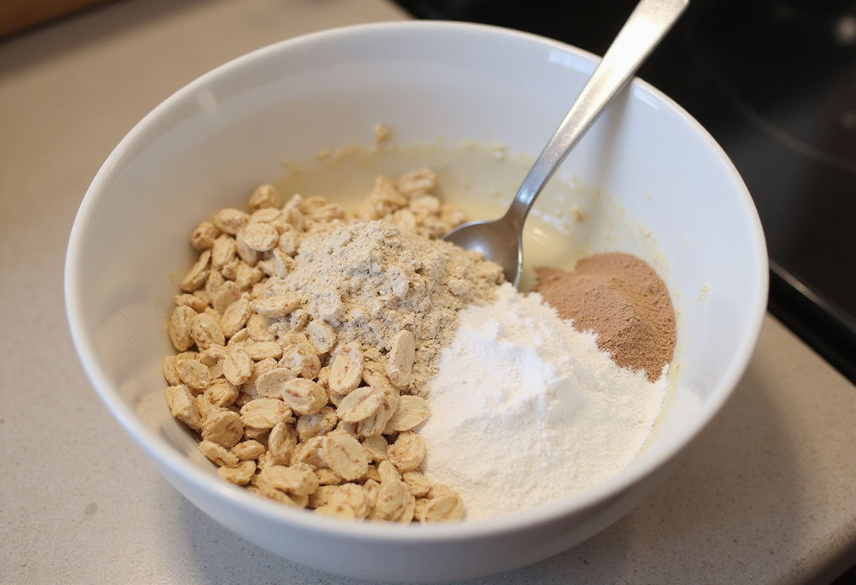 Ingredients for Baked Protein Pancake Bowls including oats, protein powder, and baking powder for a nutritious breakfast.
