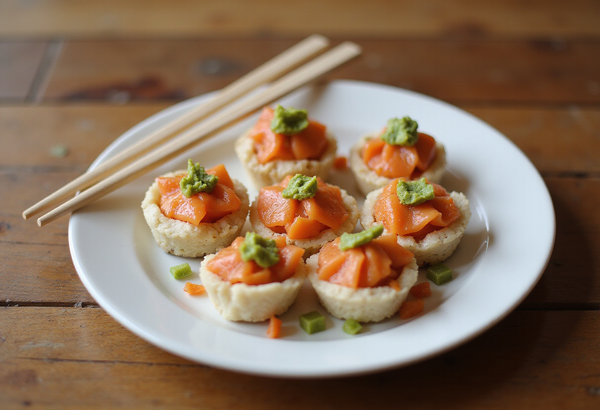 Deliciously plated Baked Salmon Sushi Cups, showcasing the vibrant colors and appealing presentation, perfect for a sushi lover's meal.