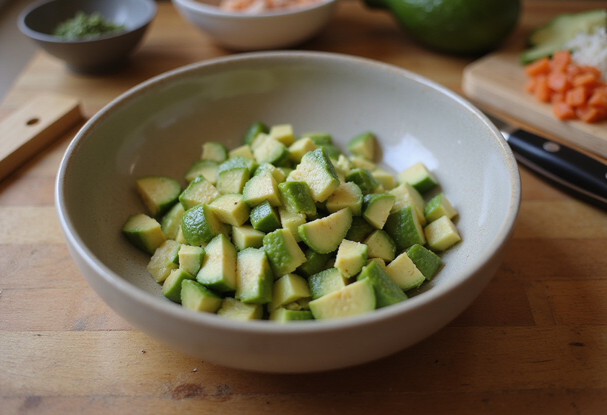 Fresh diced vegetables for Baked Salmon Sushi Cups, including cucumber and avocado, creating a vibrant and healthy filling.