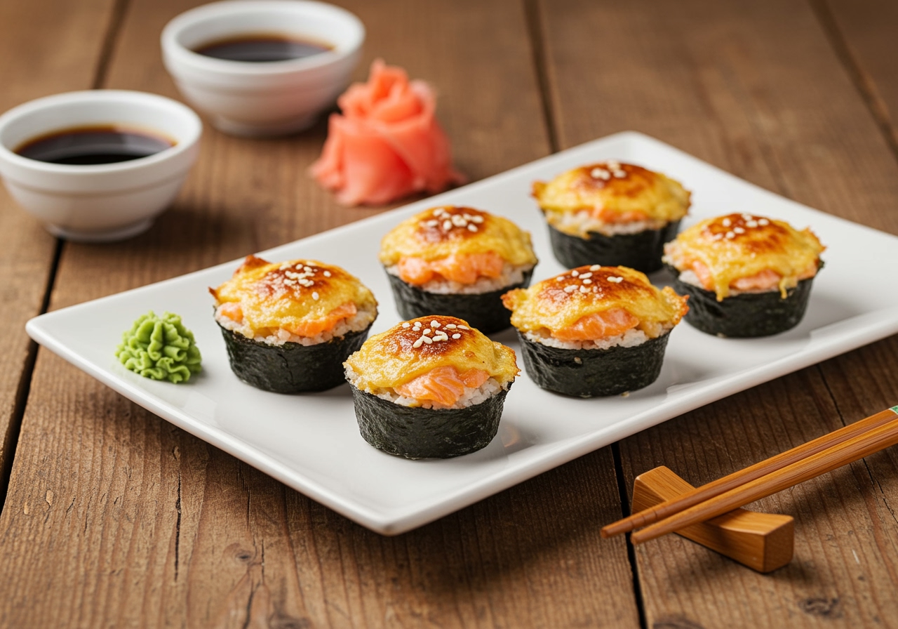 Deliciously plated Baked Salmon Sushi Cups, showcasing the vibrant colors and appealing presentation, perfect for a sushi lover's meal.