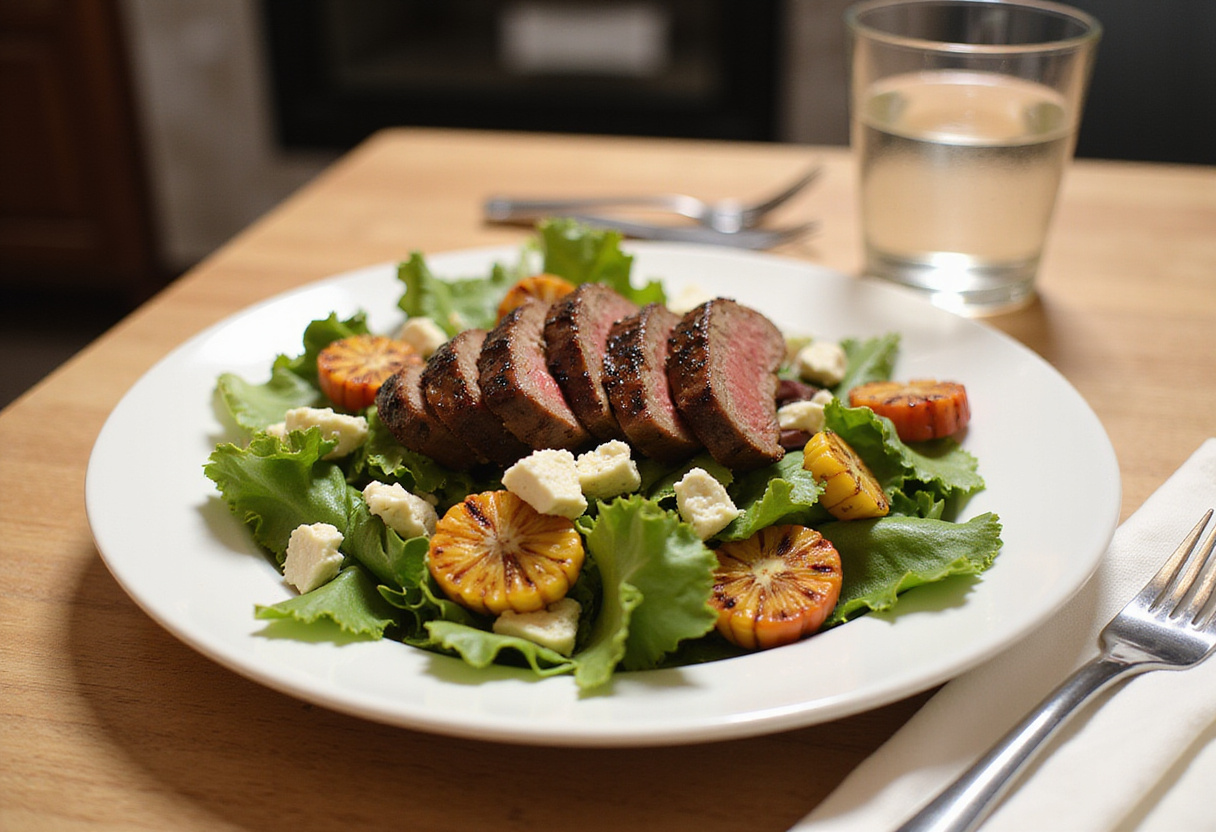 Delicious Balsamic Steak Gorgonzola Salad with Grilled Corn beautifully presented, ready to serve on a dining table.