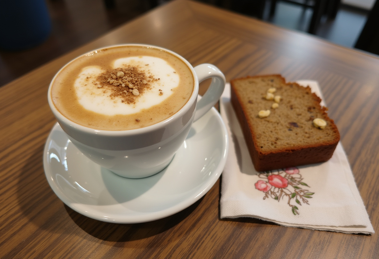 A beautifully crafted Banana Bread Latte with a slice of banana bread, showcasing the perfect blend of flavors in a warm, inviting coffee setting.