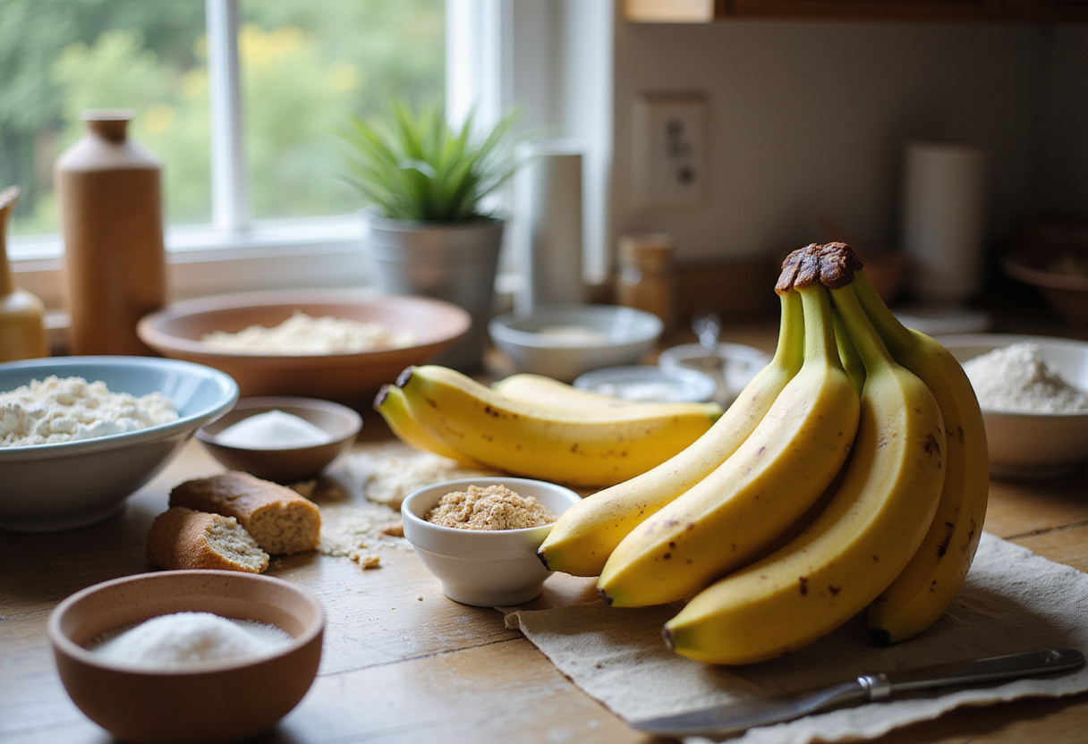 Banana Bread preparation with ripe bananas, flour, and sugar in a cozy kitchen, focusing on the essential ingredients to create this delightful Banana Bread Latte.