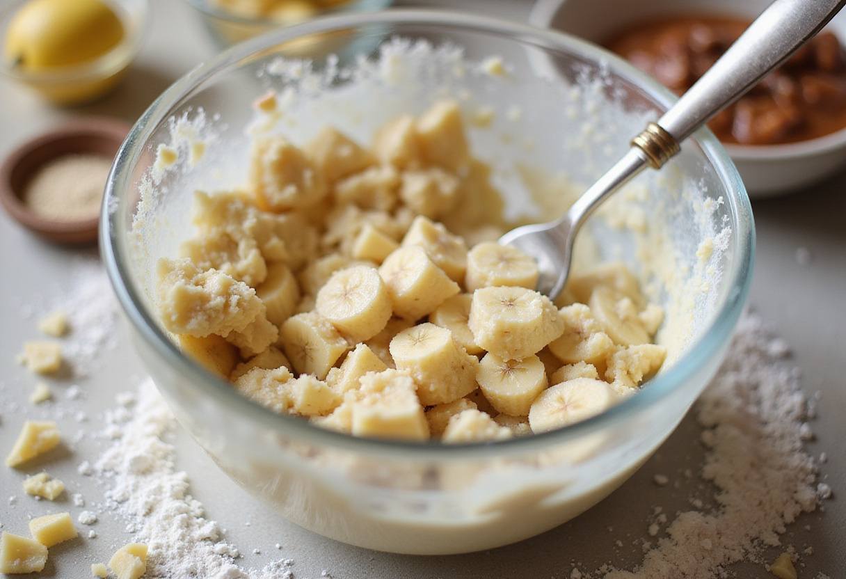 Mashing ripe bananas in a mixing bowl for the perfect Banana Bread Latte, emphasizing the key step in creating a flavorful coffee drink.