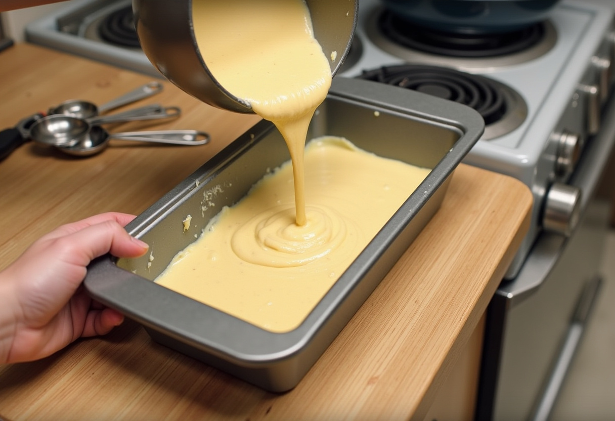 Filling a baking dish with banana bread batter, showcasing the process for creating a delicious Banana Bread Latte, with ingredients and tools arranged neatly.
