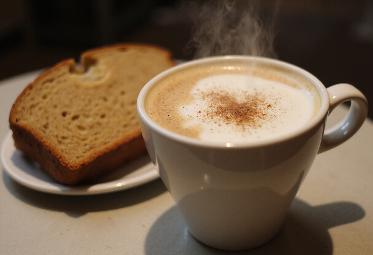 Serving a warm Banana Bread Latte with a slice of moist banana bread, highlighting the delightful pairing of flavors in this cozy drink.