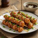 Serving Bang Bang Chicken Skewers garnished with green onions and sesame seeds, creating an appealing and delicious dish ready to enjoy.