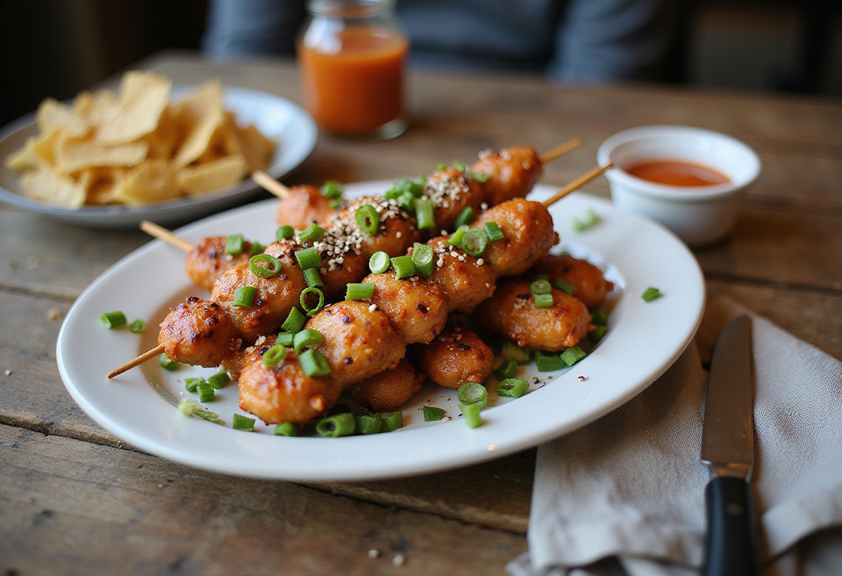 Serving Bang Bang Chicken Skewers garnished with green onions and sesame seeds, creating an appealing and delicious dish ready to enjoy.