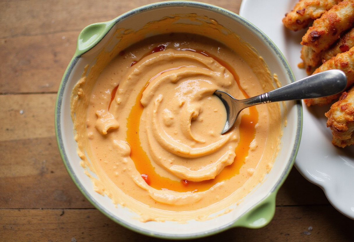 Mixing a zesty sauce for Bang Bang Chicken Skewers, featuring sauces like mayonnaise and sweet chili for a flavor-packed experience.