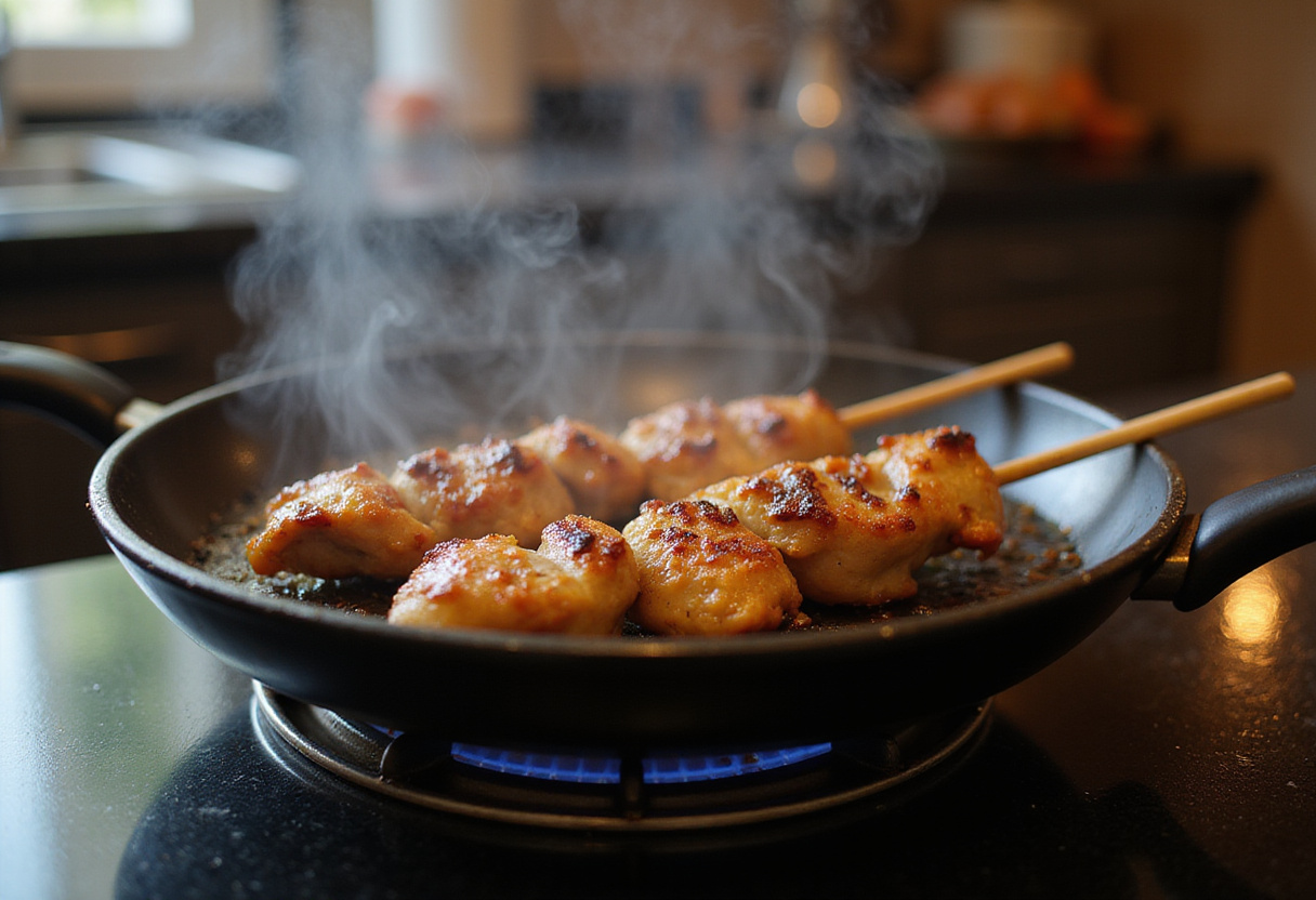 Grilling Bang Bang Chicken Skewers on a grill pan, capturing the delicious aromas and perfect browning of the chicken.