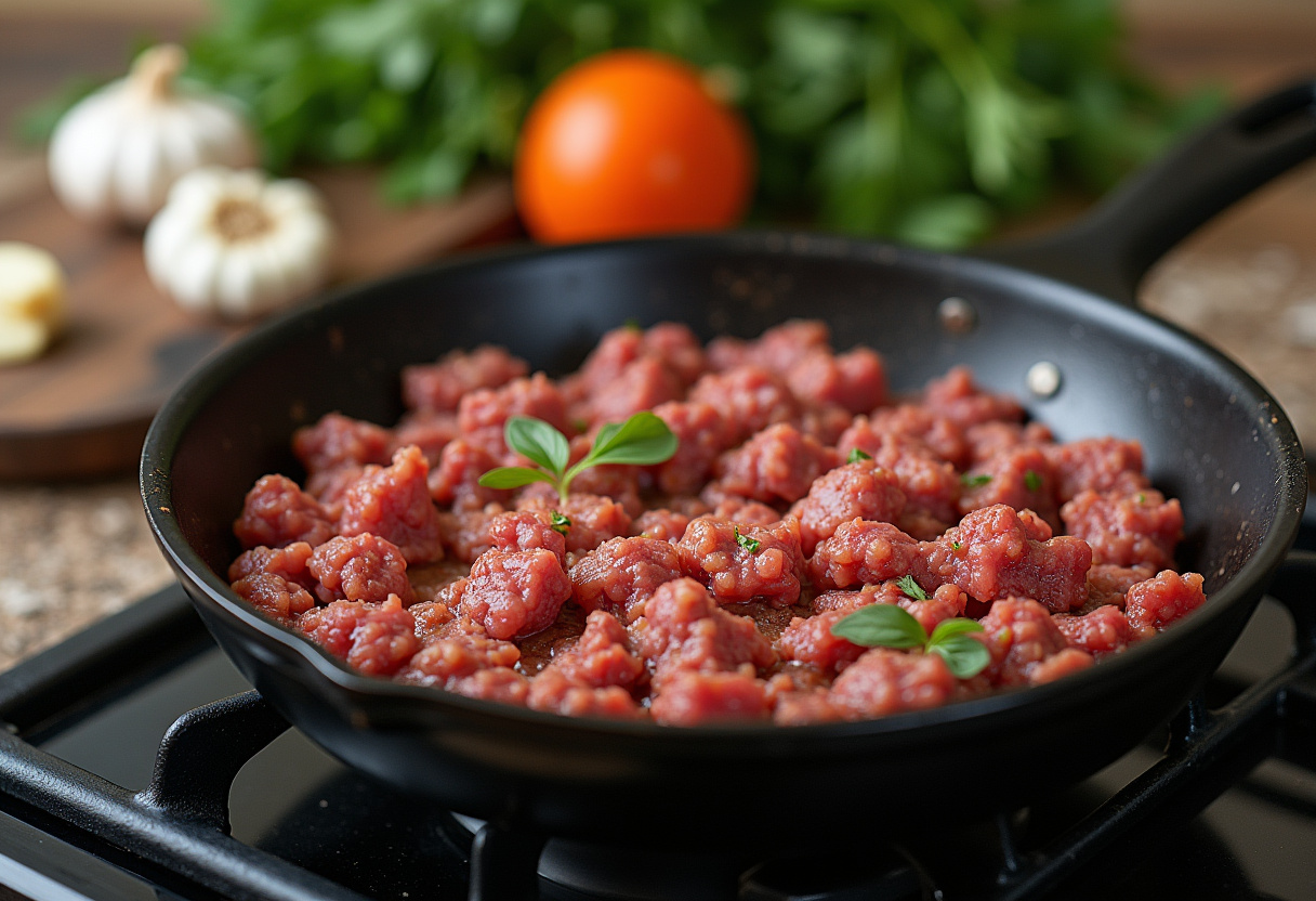 Sautéed ground beef for Beef and Rotini in Garlic Parmesan Sauce, showcasing savory preparation with garlic and herbs.