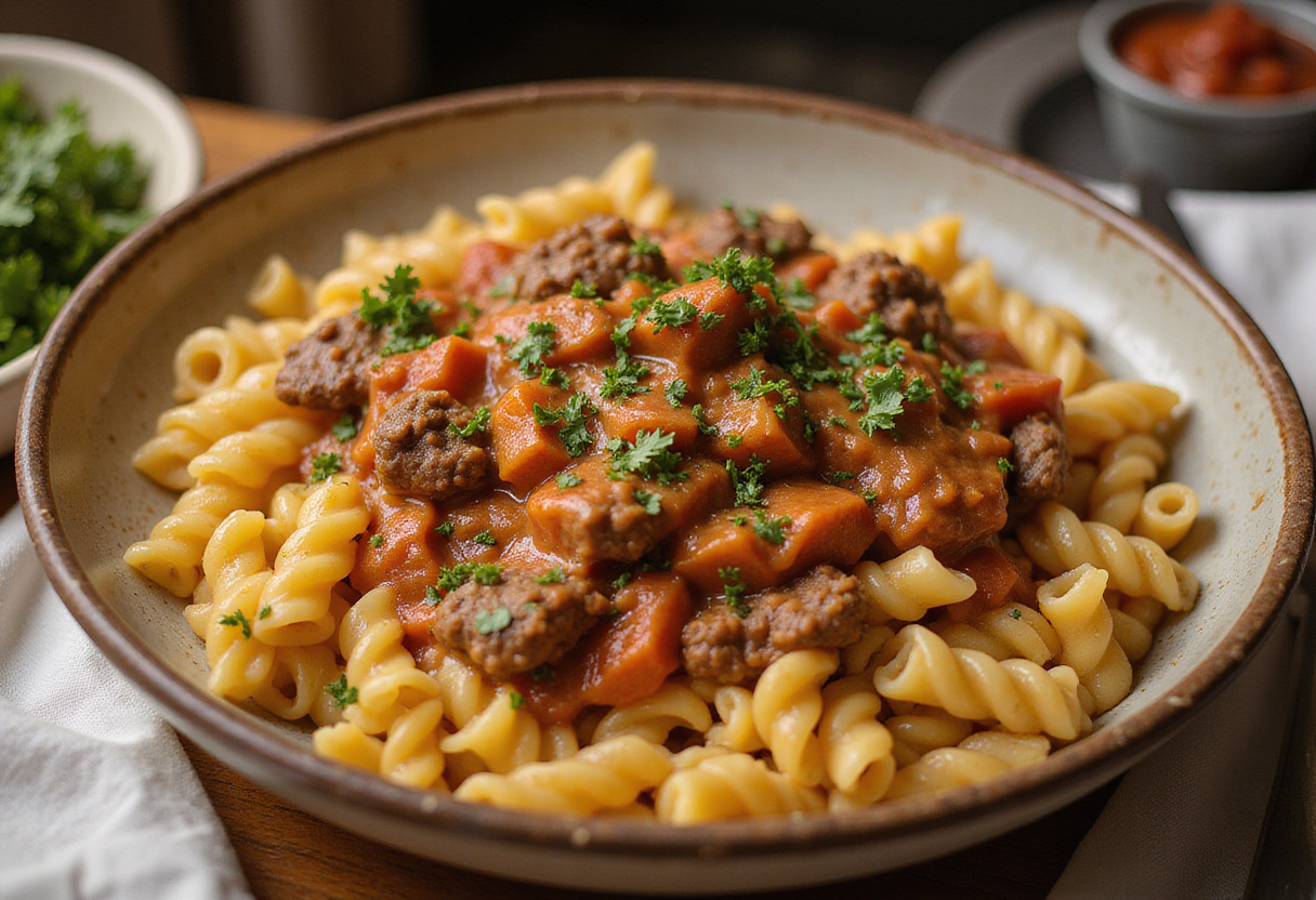 Mixing rotini with Garlic Parmesan sauce and beef for Beef and Rotini in Garlic Parmesan Sauce, showcasing a festive, inviting bowl.