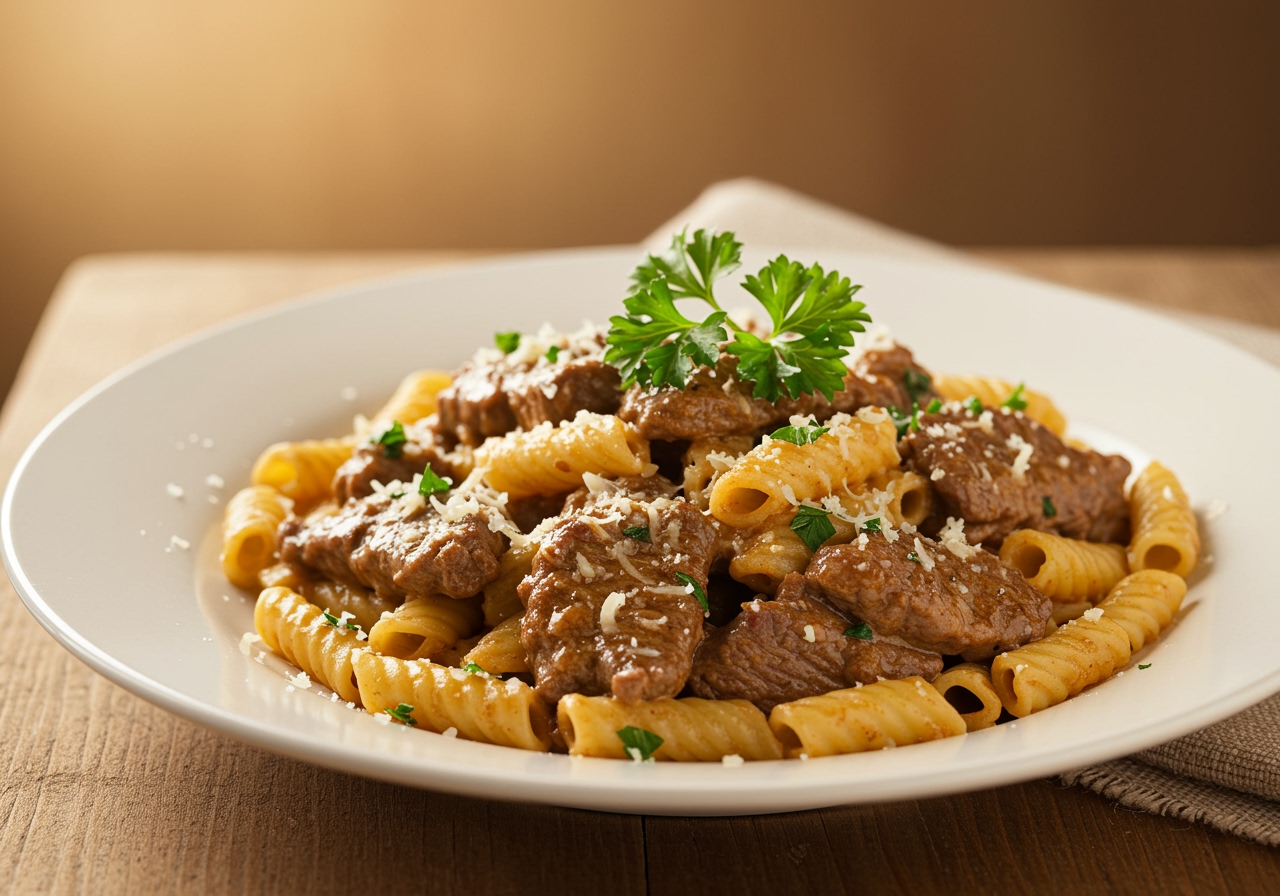 Final presentation of Beef and Rotini in Garlic Parmesan Sauce, showcasing a delicious meal ready to be served with a decorative touch.