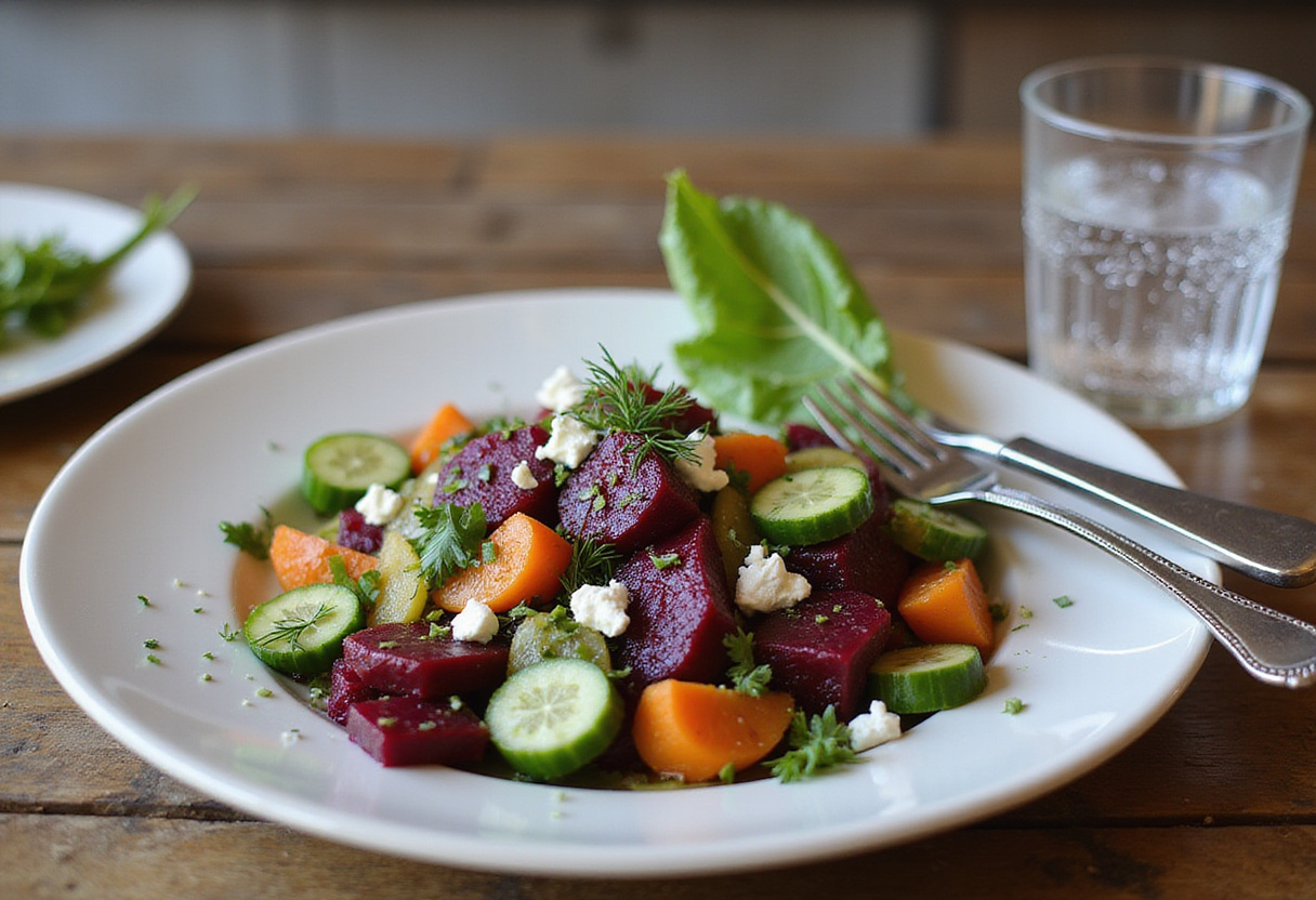 A stunning display of Beet Salad with Feta, Cucumbers, and Dill on a rustic table, emphasizing the freshness and vibrancy of the ingredients.