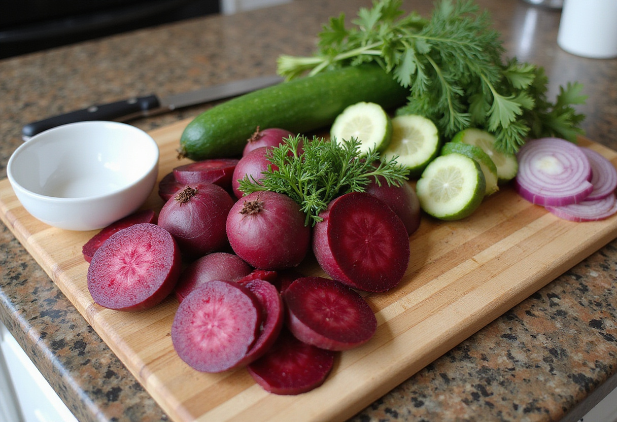 Fresh ingredients for Beet Salad with Feta, featuring red beets, cucumbers, onions, and dill on a kitchen countertop.