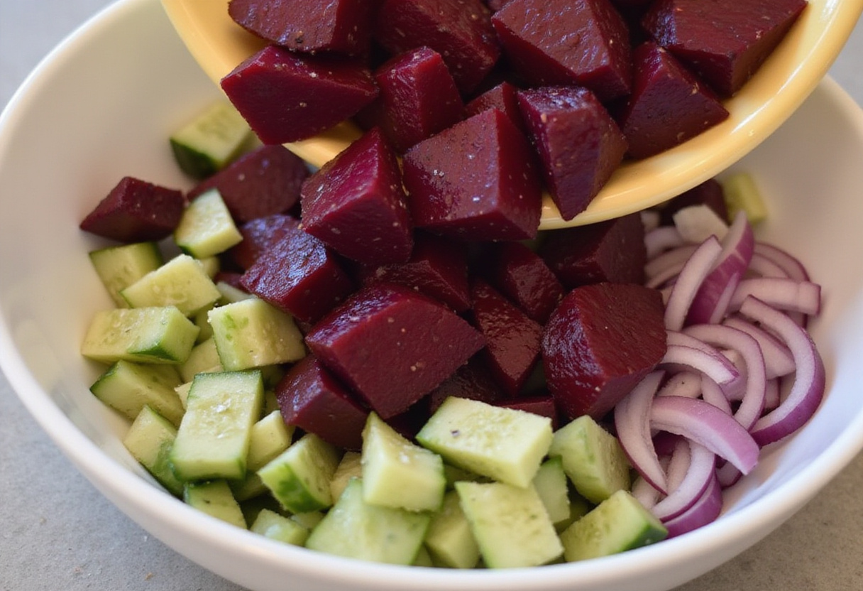 Peeled and chopped beets alongside chopped cucumbers and red onions in a mixing bowl, preparing for a delicious Beet Salad.