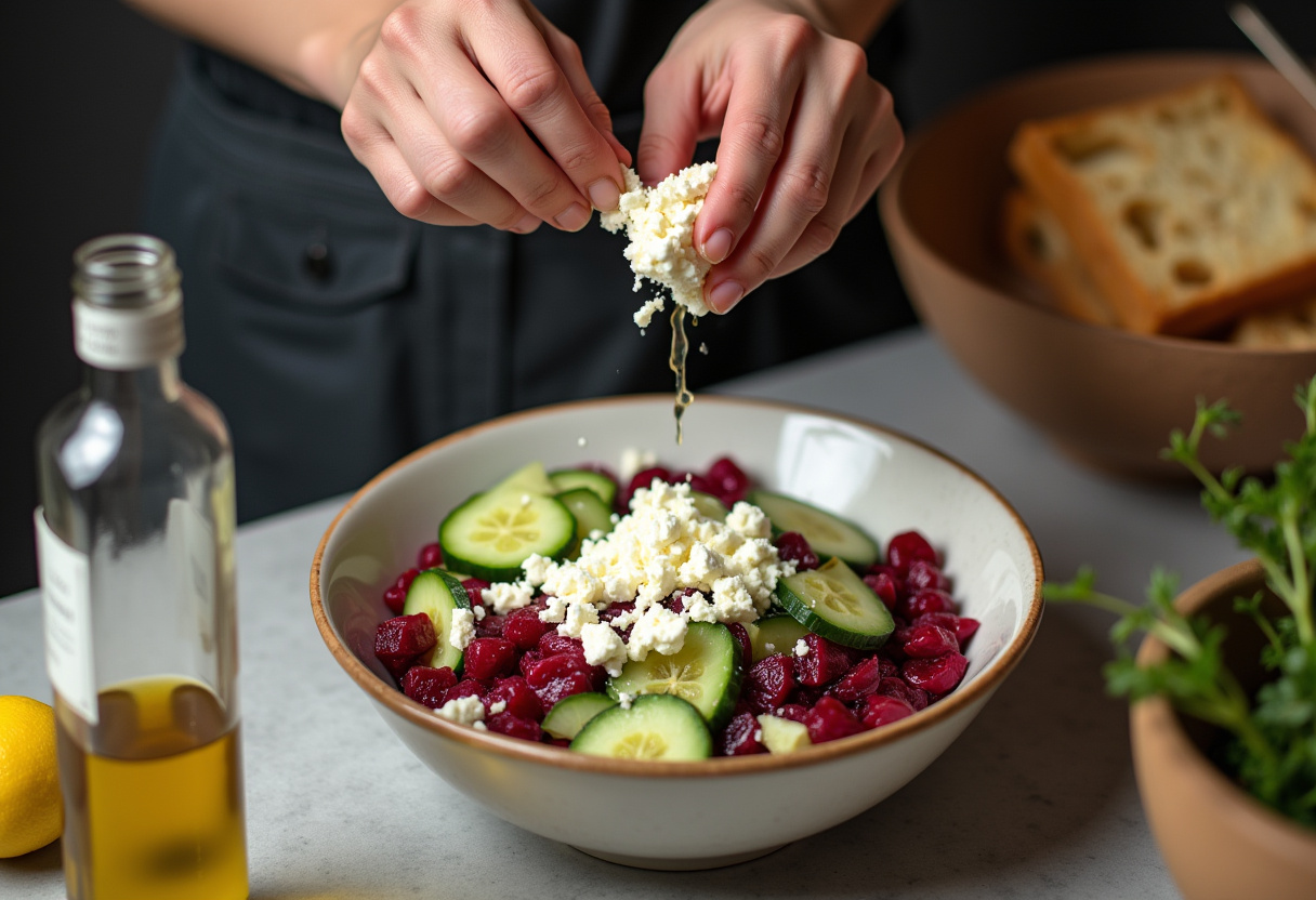 Crumbling feta cheese into a fresh beet and cucumber mixture, an essential step in creating a flavorful Beet Salad.