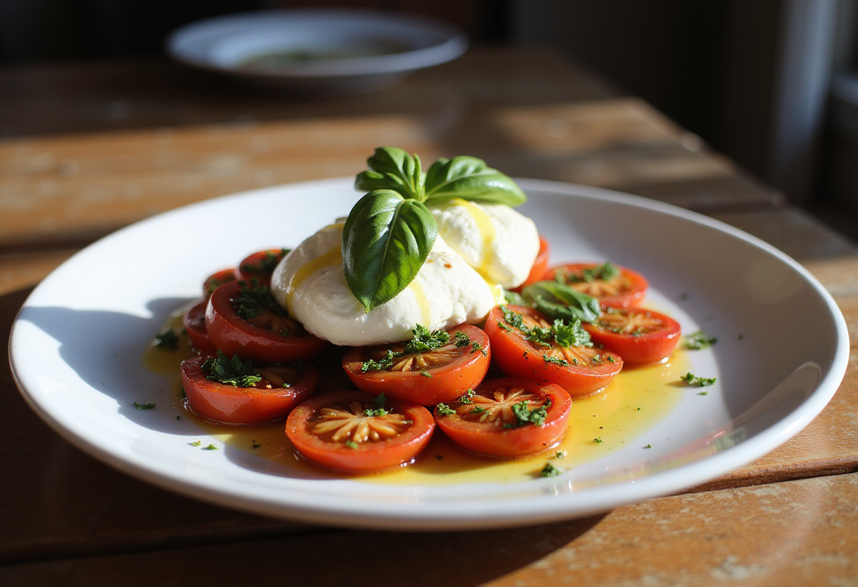 Final dish of roasted tomatoes with burrata cheese, elegantly presented, perfect for showcasing the best roasted tomatoes with burrata recipe.