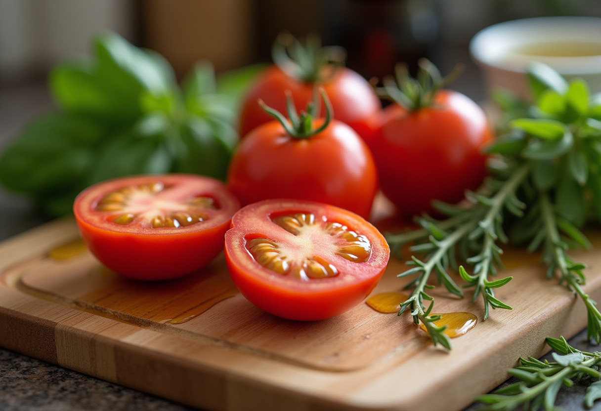 Halved tomatoes on a cutting board ready for roasting, fresh herbs, and olive oil, showcasing ingredients for best roasted tomatoes with burrata.