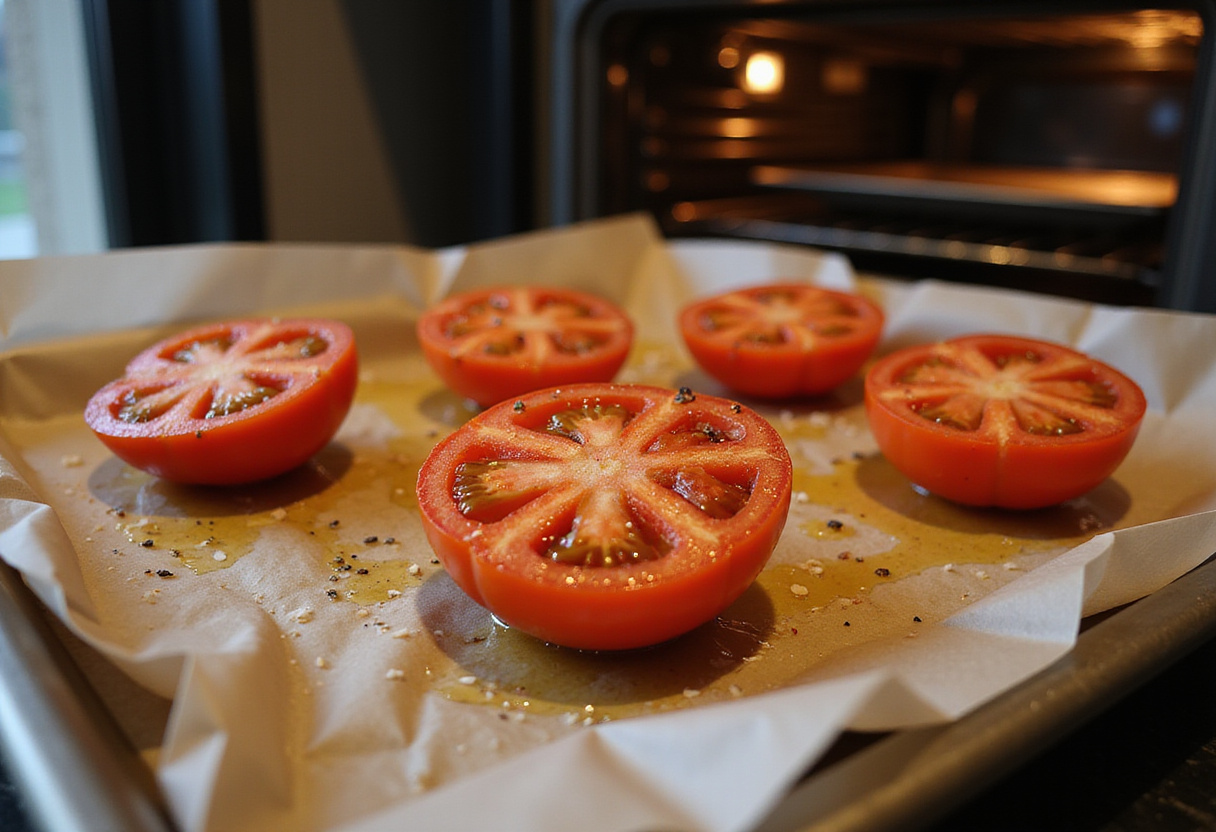 Baking sheet with seasoned halved tomatoes ready to be roasted, highlighting the preparation of the best roasted tomatoes with burrata.