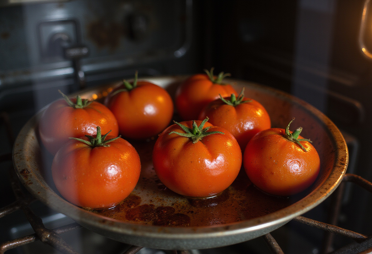 Roasted tomatoes in the oven caramelizing, depicting the cooking process of the best roasted tomatoes with burrata.