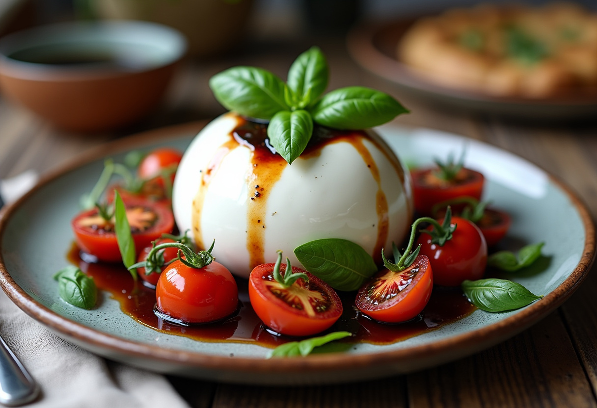 Serving plate with burrata cheese and roasted tomatoes, showcasing the final assembly of the best roasted tomatoes with burrata.