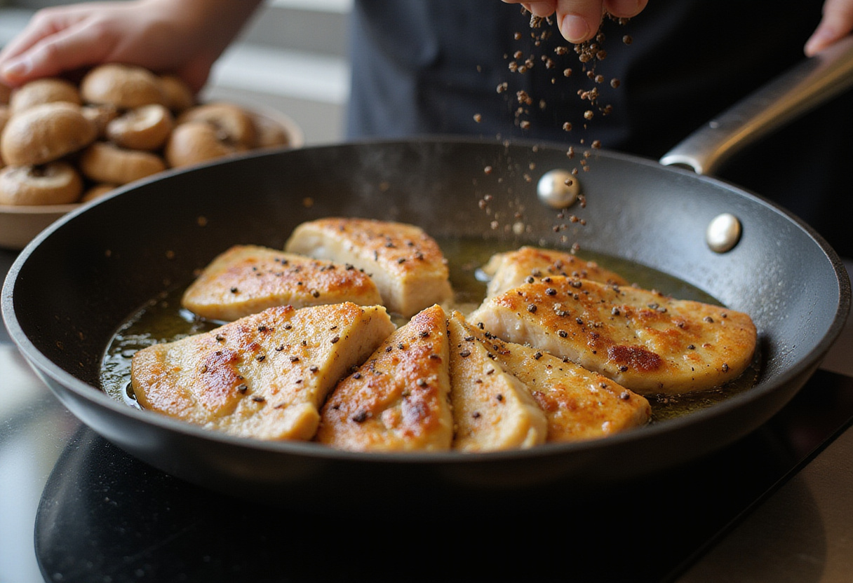 Sautรฉing chicken breast for Black Pepper Chicken with Mushrooms, black pepper seasoning enhancing flavor.