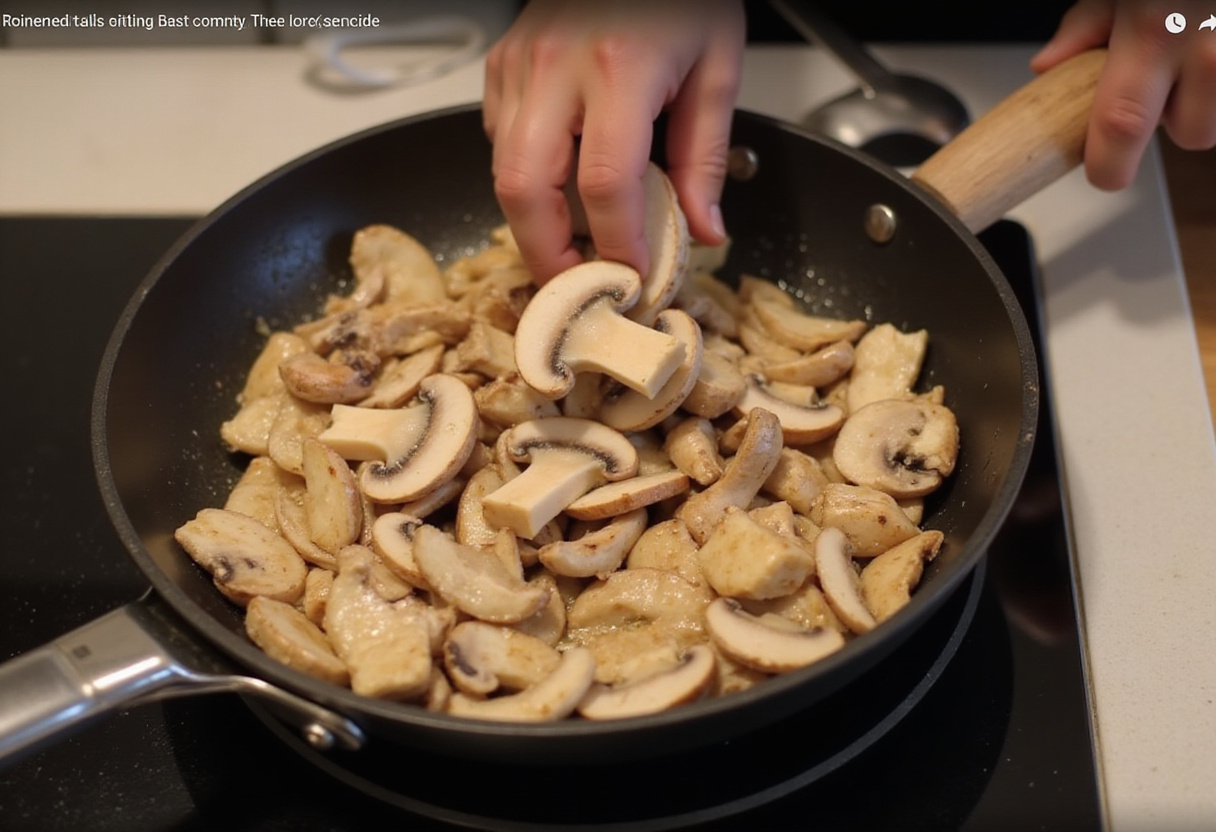 Preparing Black Pepper Chicken with Mushrooms by adding mushrooms to sautรฉed chicken, enhancing taste and texture.