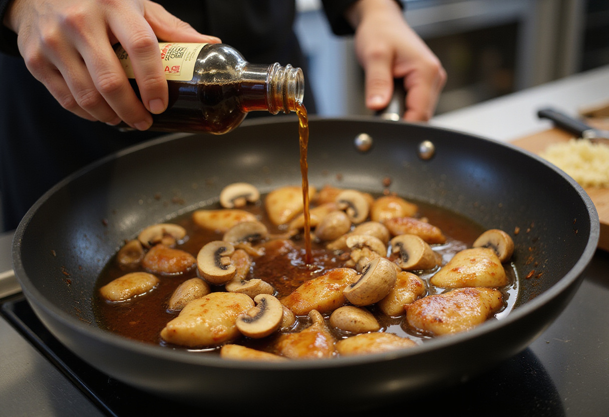 Adding soy sauce and broth for Black Pepper Chicken with Mushrooms, creating a delicious savory sauce.