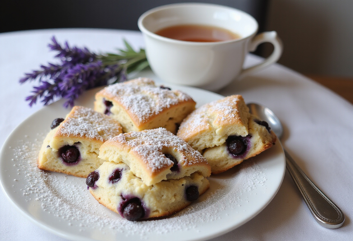 Delicious blackberry lavender white-chocolate scones served on a plate, showcasing the delightful combination of flavors in a perfect breakfast setting.
