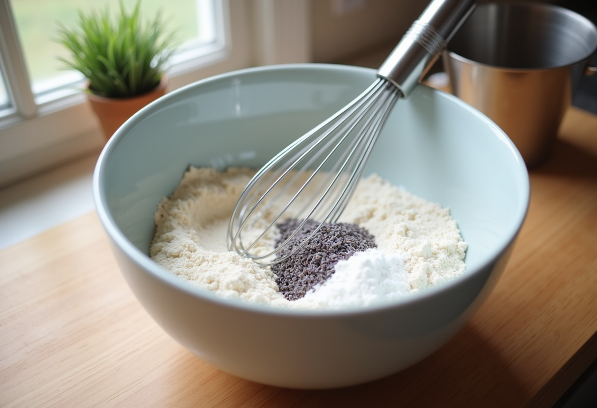 Mixing dry ingredients for blackberry lavender white-chocolate scones, featuring flour, baking powder, sugar, and lavender for a delightful flavor.