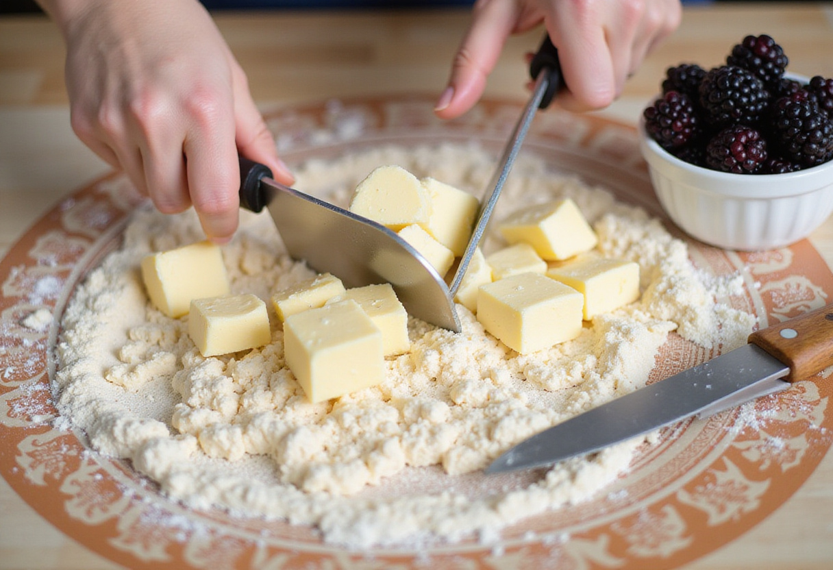 Cutting butter into flour mixture for blackberry lavender white-chocolate scones, essential for achieving a flaky texture.