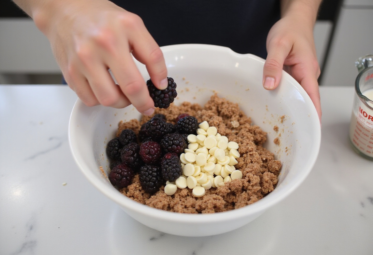 Adding blackberries and white chocolate chips to the scone mixture, enhancing the flavor profile of blackberry lavender white-chocolate scones.
