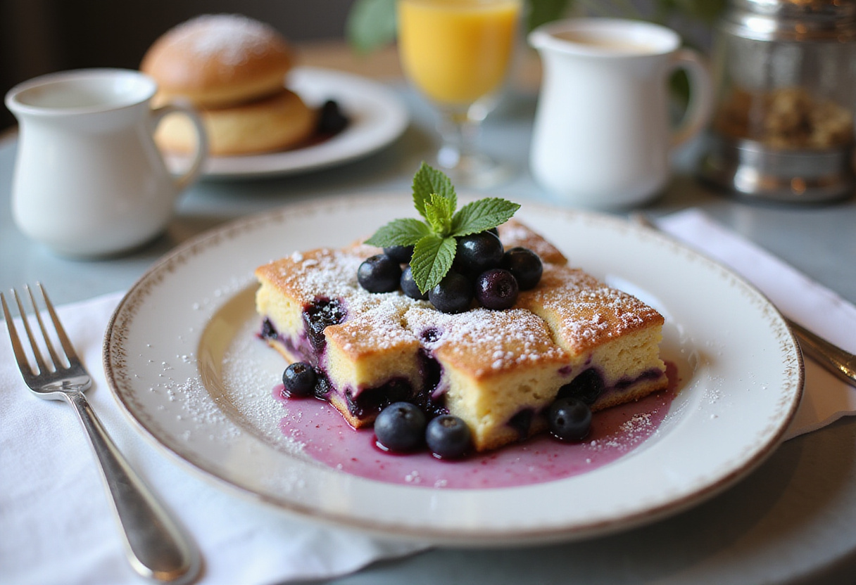 Delicious blueberry breakfast bake served hot, featuring a beautiful presentation and a delightful taste that's perfect for breakfast.