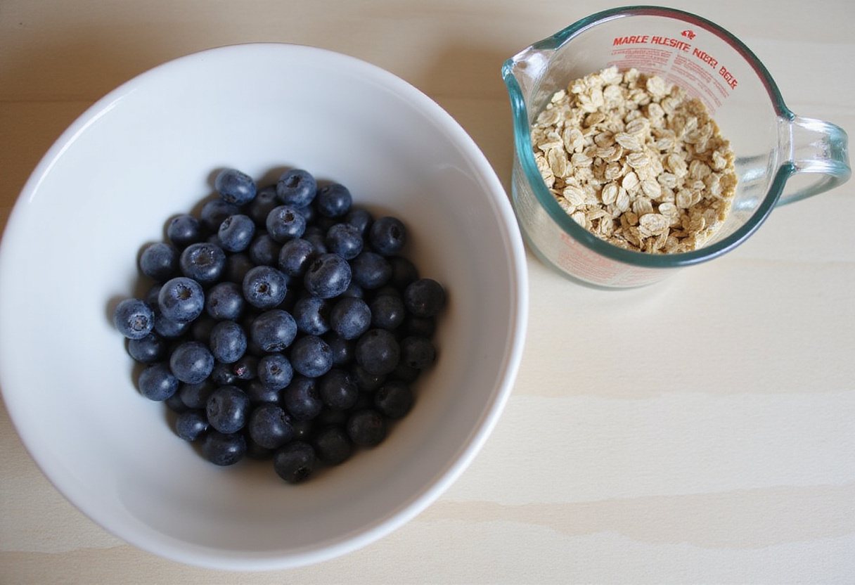 Fresh blueberries and oats ready for a delicious blueberry breakfast bake, perfect for a wholesome morning meal.