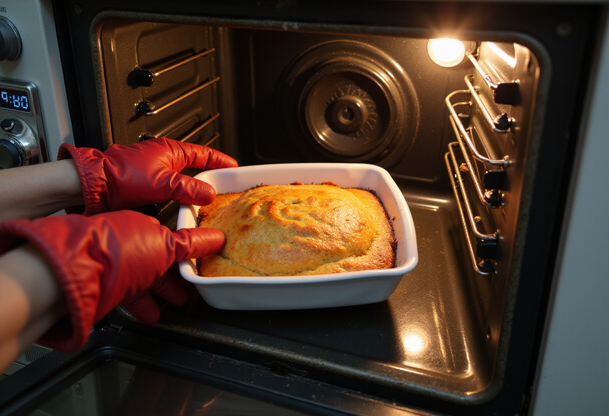 Baking the blueberry breakfast bake in a preheated oven, ensuring a perfect rise and mouthwatering aromas fill the kitchen.