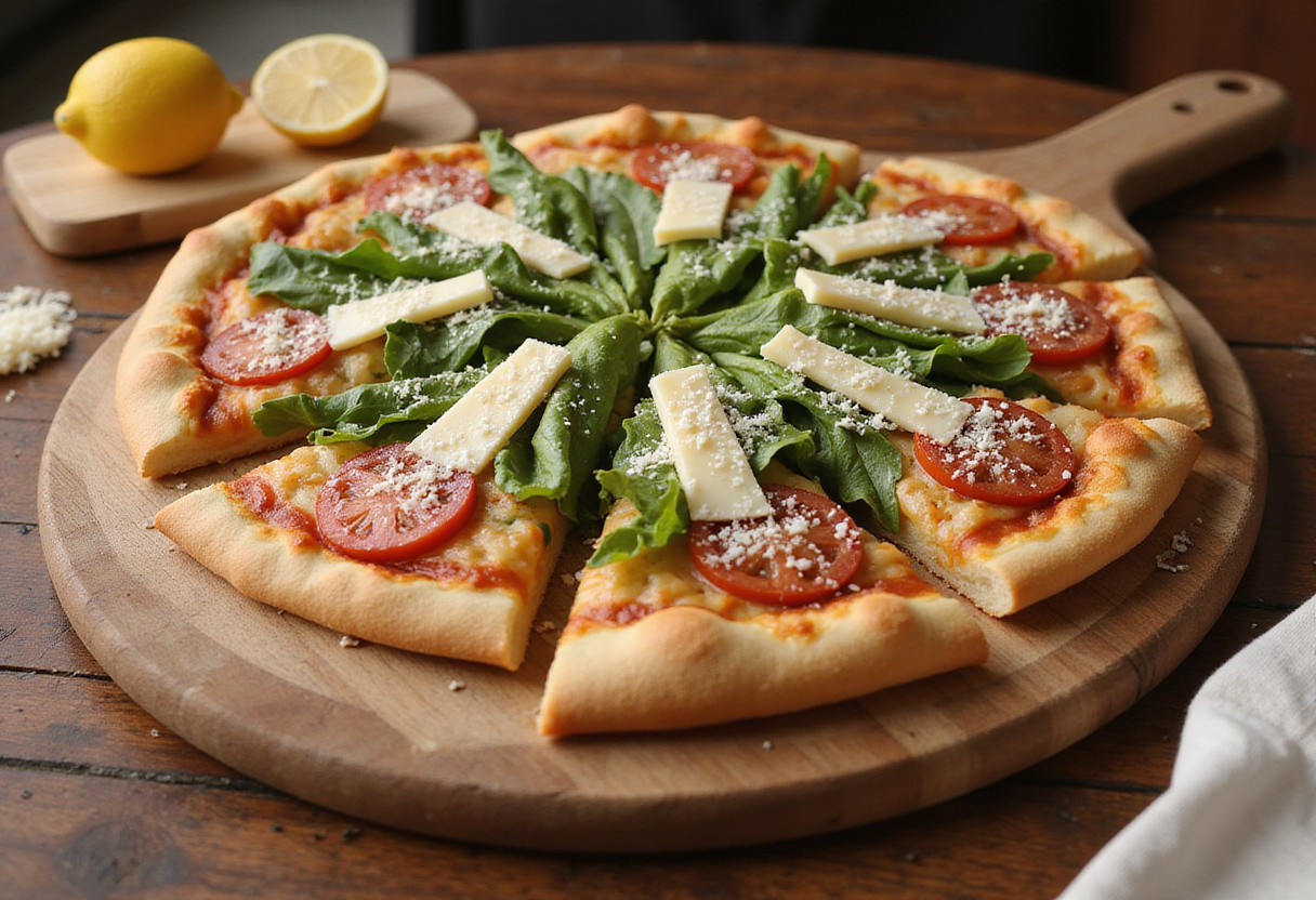 Deliciously baked Caesar Salad Pizza with fresh toppings and crisp edges, showcasing a unique take on traditional pizza that is perfect for any meal.