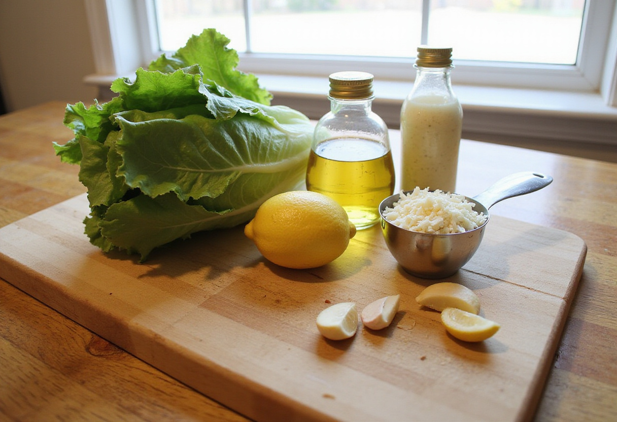 Fresh ingredients for Caesar Salad Pizza including romaine lettuce, parmesan cheese, olive oil, and garlic, showcasing a healthy pizza topping preparation.