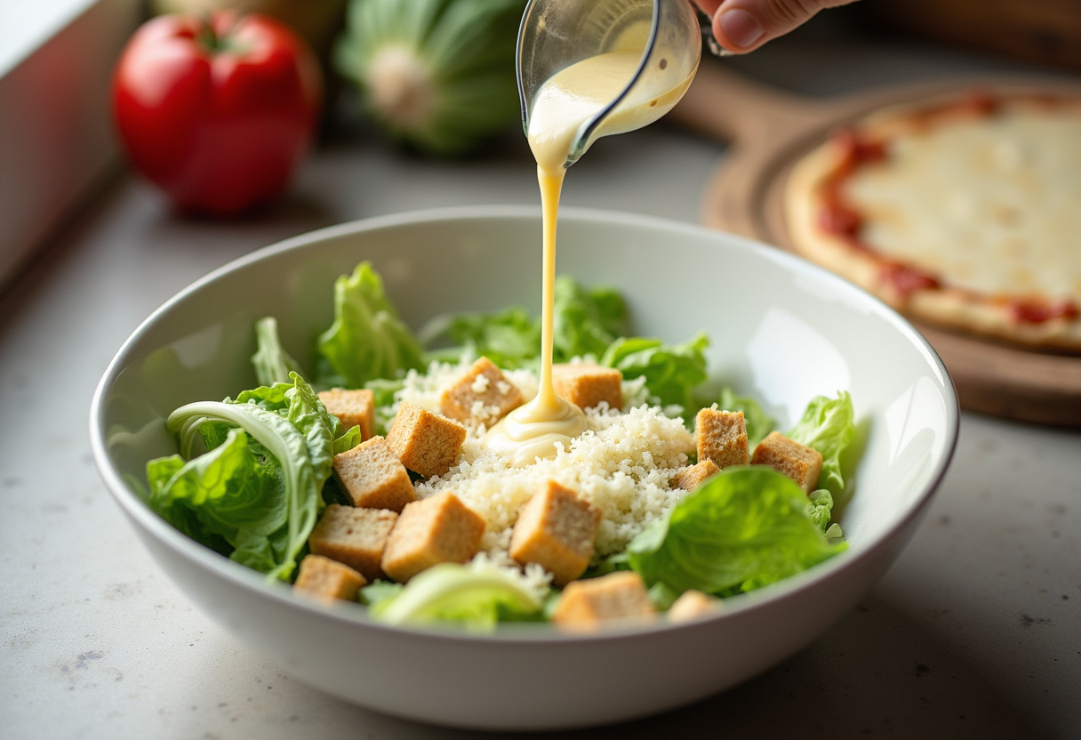 Tossing romaine lettuce with Caesar dressing and parmesan cheese for a delicious Caesar Salad Pizza, highlighting the preparation of salad toppings.