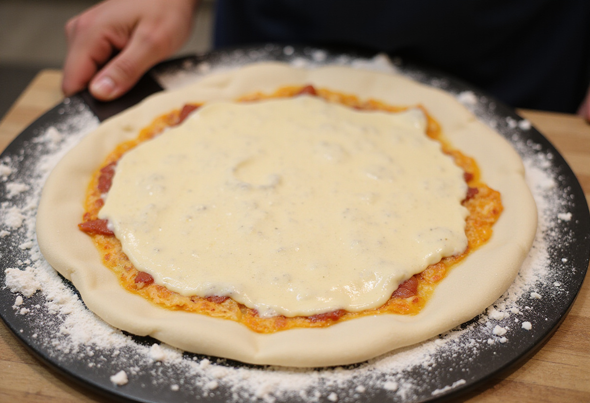 Preparing pizza dough for Caesar Salad Pizza with a golden-brown base and Caesar dressing, showcasing the delicious pizza creation process.
