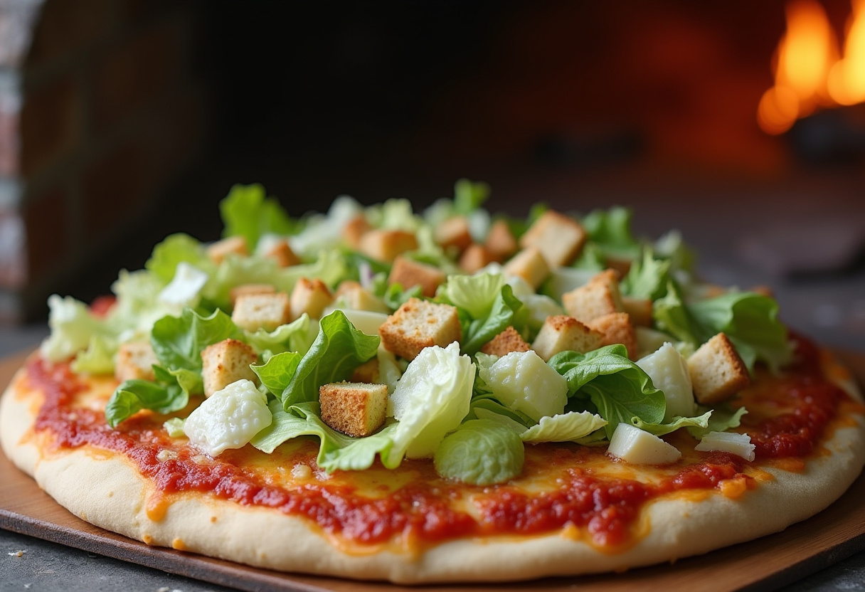 Assembling Caesar Salad Pizza topped with fresh romaine, croutons, and parmesan cheese, emphasizing an innovative pizza recipe.
